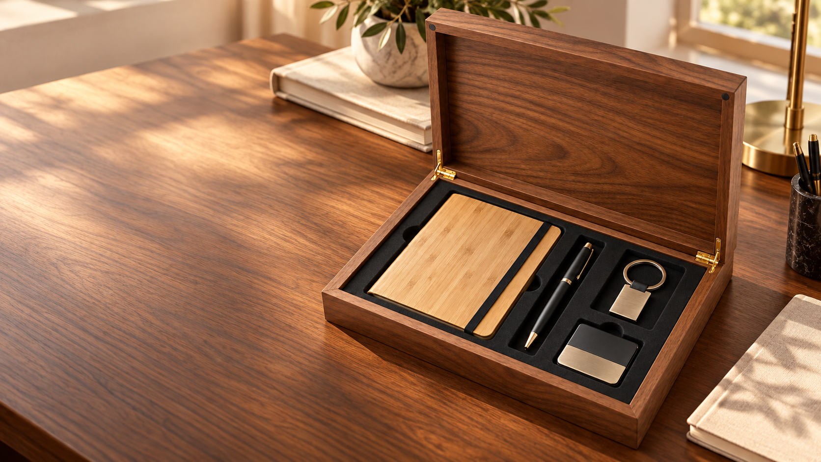 Walnut CXG gift box styled on a warm office desk